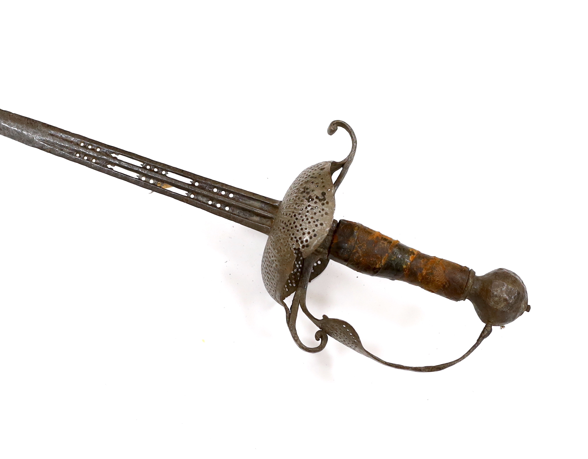 A mid 17th century English rapier, with pierced steel cup guard, loop guard and top of blade, steel pommell and leather grip, blade 77cm